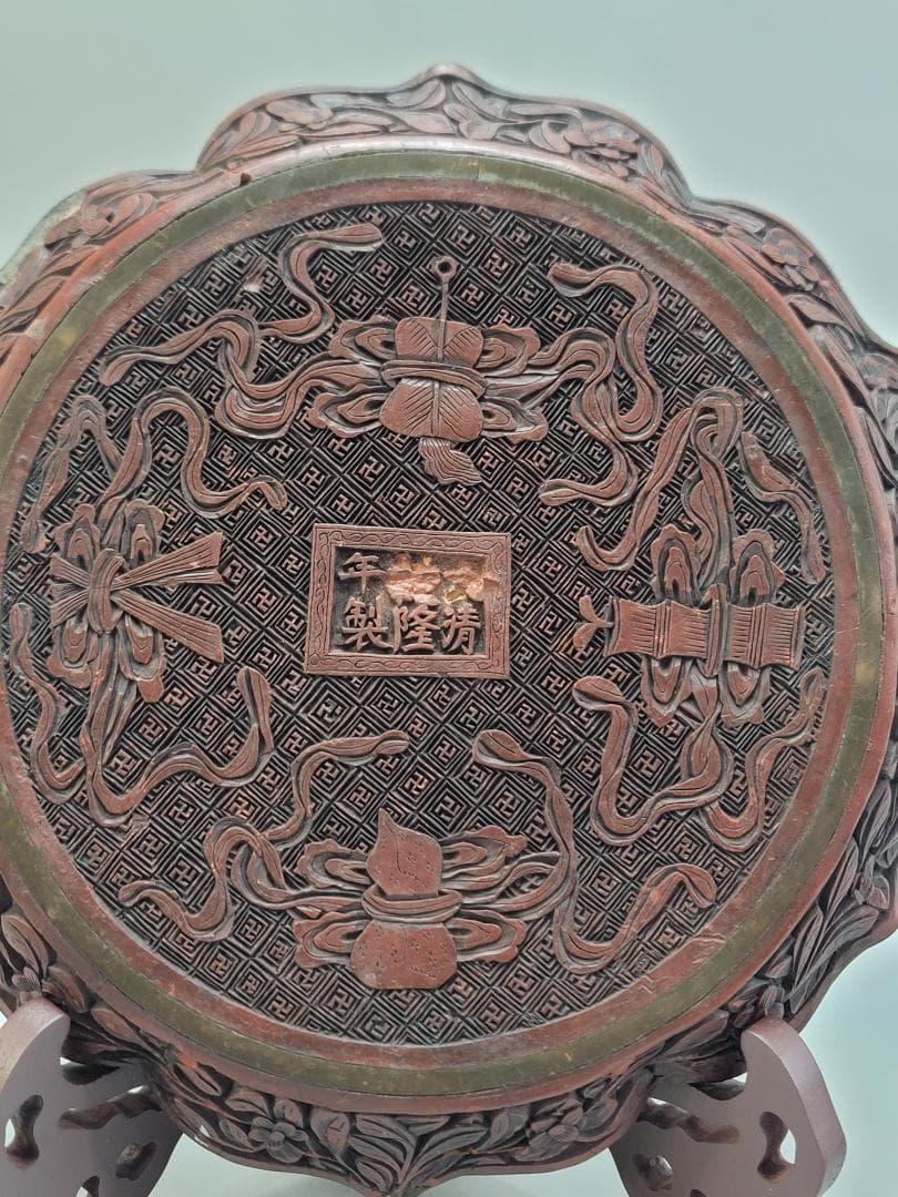 中国美術 銅胎 堆朱 楼閣紋 輪花皿 DT554