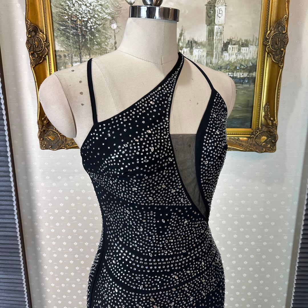 ブラック ストーン装飾 タイトフィットドレス