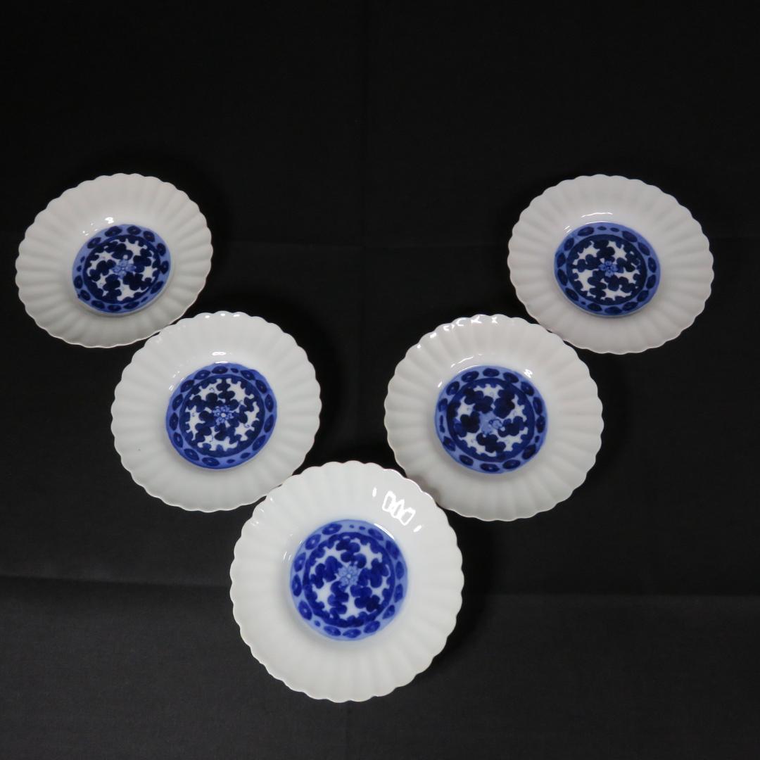 手塩皿 小皿 取り皿 銘々皿 染付 白磁 明治 花形 美品 5枚