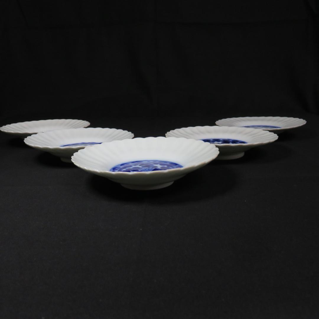 手塩皿 小皿 取り皿 銘々皿 染付 白磁 明治 花形 美品 5枚