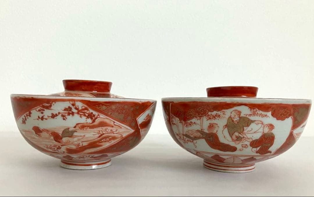 九谷★古九谷★蓋もの★煮物碗★赤絵金彩★窓絵★人物花鳥文★骨董★アンティーク