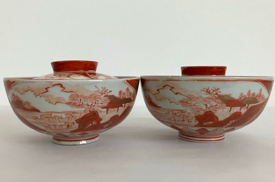 九谷★古九谷★蓋もの★煮物碗★赤絵金彩★窓絵★人物花鳥文★骨董★アンティーク