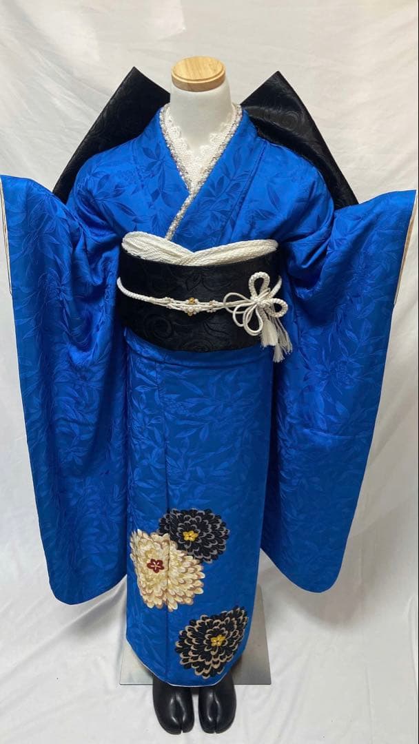 青色の振袖 花柄刺繍 振袖 振袖フルセット 正絹 成人式　振袖7点セット
