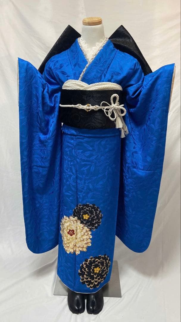 青色の振袖 花柄刺繍 振袖 振袖フルセット 正絹 成人式　振袖7点セット