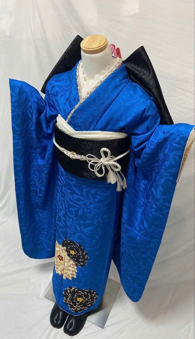 青色の振袖 花柄刺繍 振袖 振袖フルセット 正絹 成人式　振袖7点セット