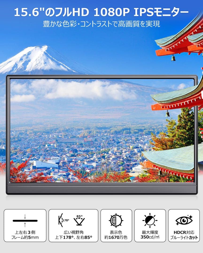 モバイルモニター 15.6インチ フルHD キックスタンド型&保護カバー 薄型