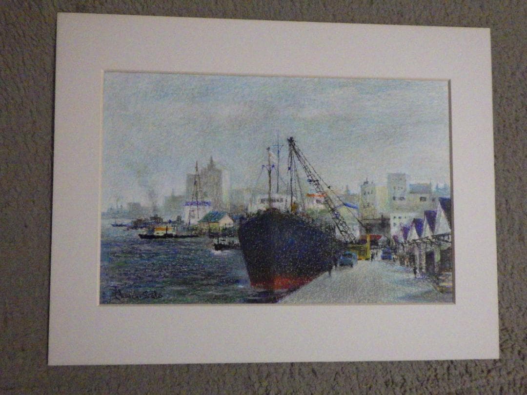 真作 佐藤忠一 クレヨン画 港風景 自筆サイン P6 額装