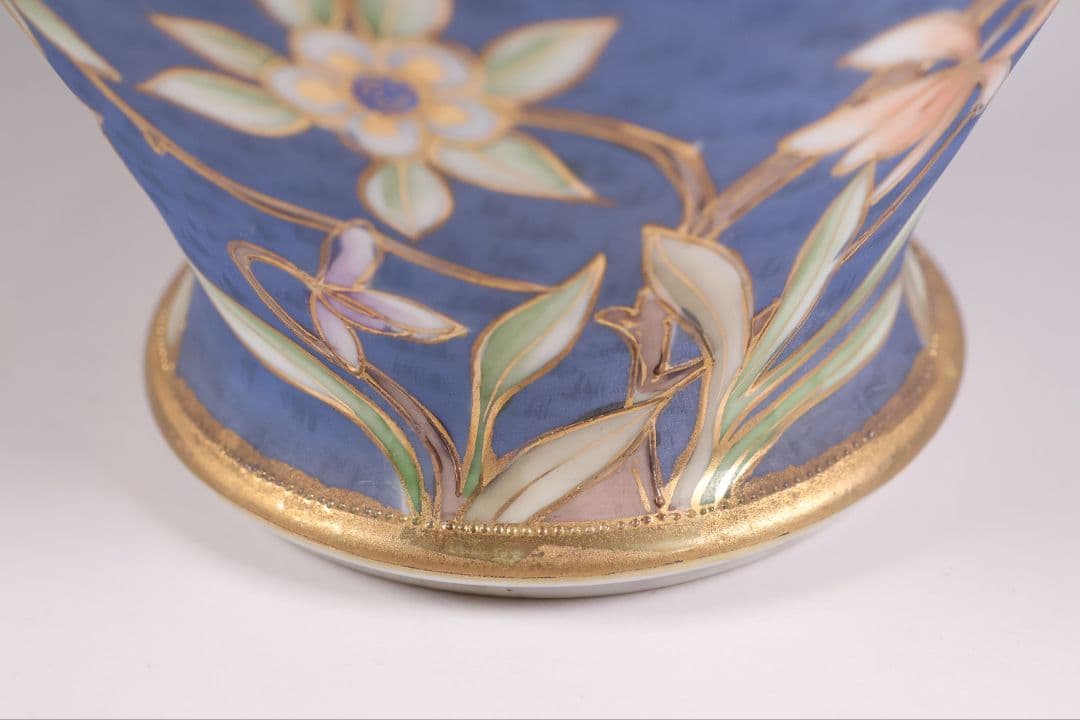 【CM306】オールドノリタケ 草花 花瓶 高17.5cm 金彩 花入 青 明治