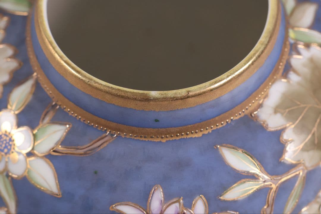 【CM306】オールドノリタケ 草花 花瓶 高17.5cm 金彩 花入 青 明治