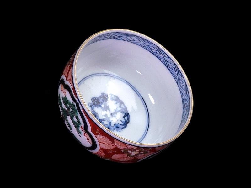 九谷　金襴手　窓絵　松竹梅の図　りん茶碗　湯呑　F336AS-fbul