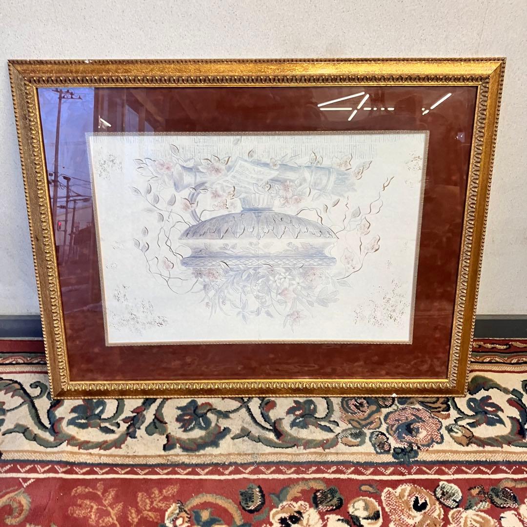 大型絵画 アンティーク 金縁 フラワーポット オブジェ アート 芸術美術 壁掛け