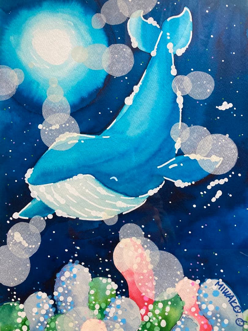 【真作保証】おかもとみわこ「悠々と」水彩原画 直筆サイン 絵画 アート