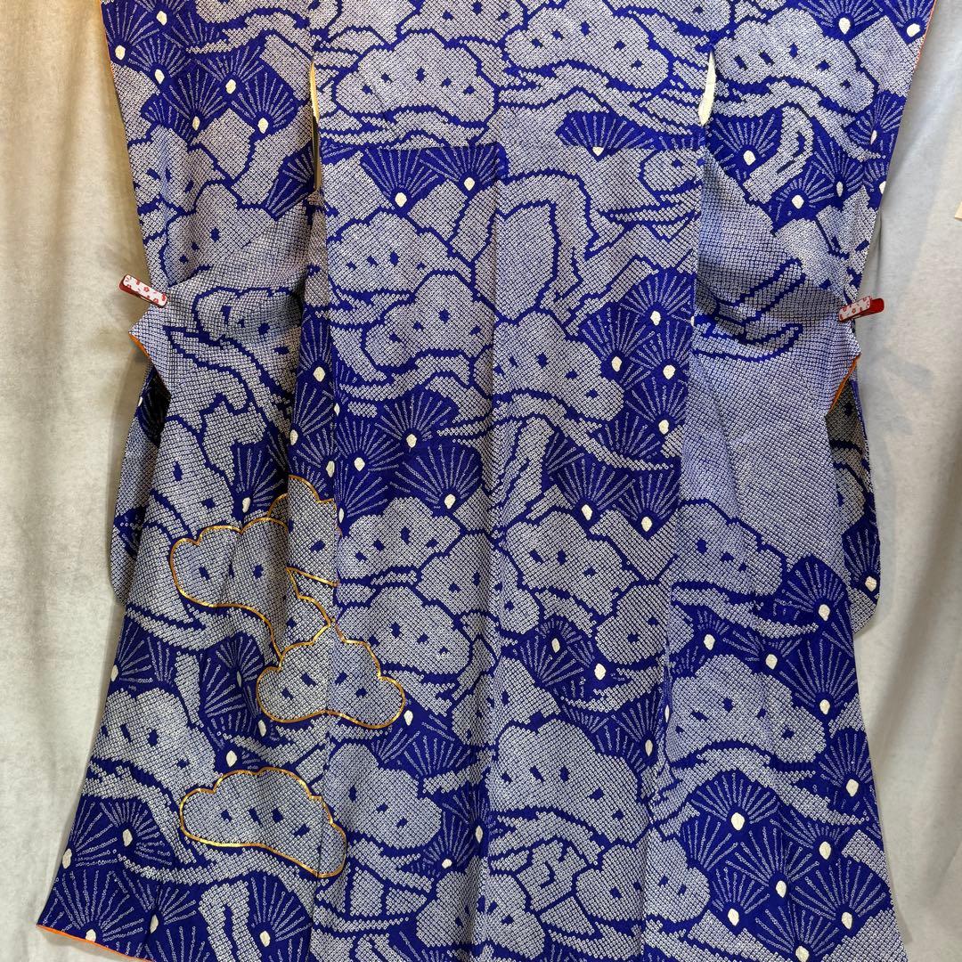 総絞り　美品　振袖六点フルセット　157〜167cm　裄長め　青