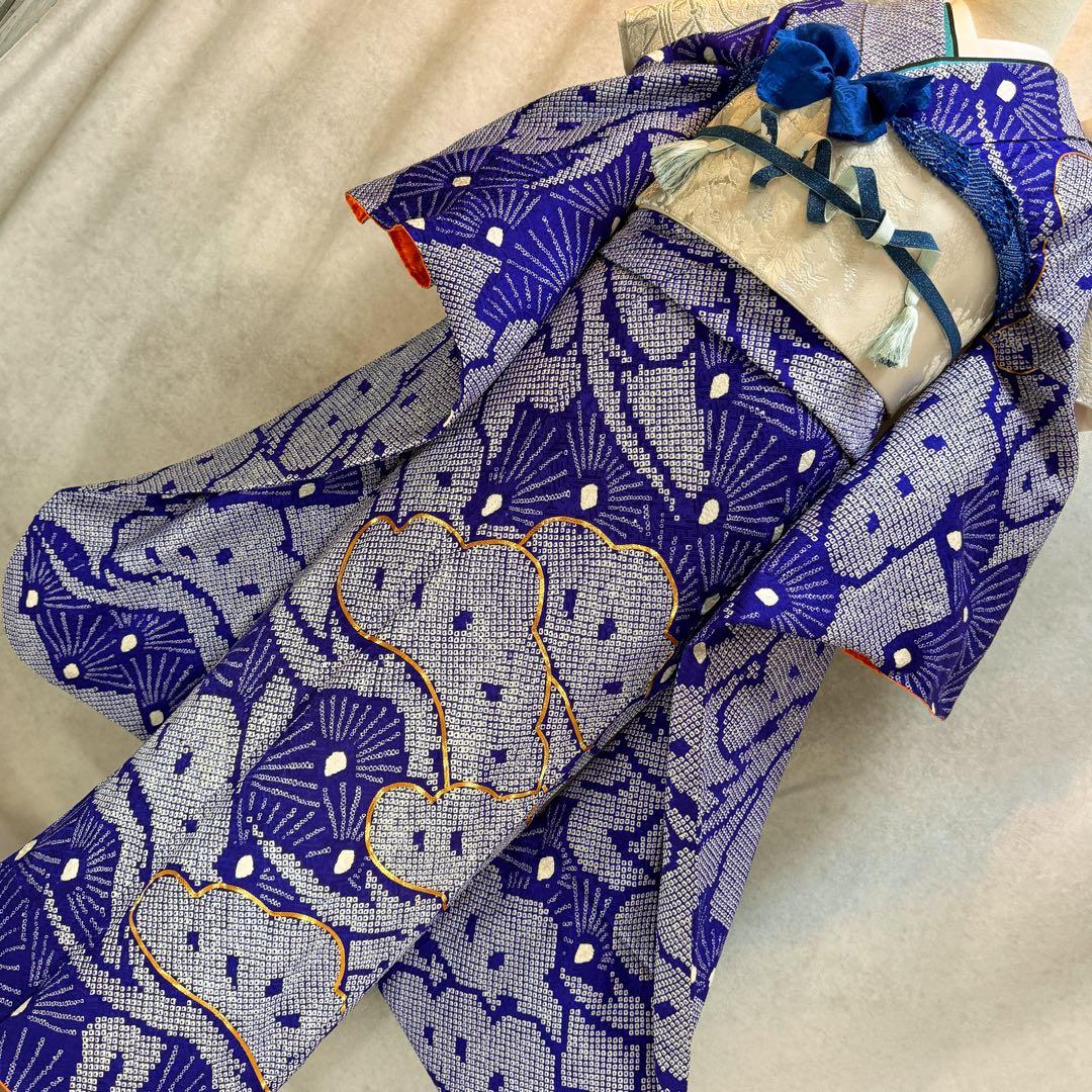 総絞り　美品　振袖六点フルセット　157〜167cm　裄長め　青