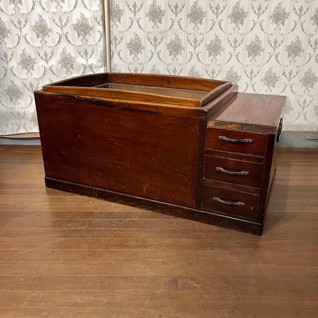 【アンティーク】木製 無垢材 火鉢 長方形 関東火鉢 銘木 引き出し収納付