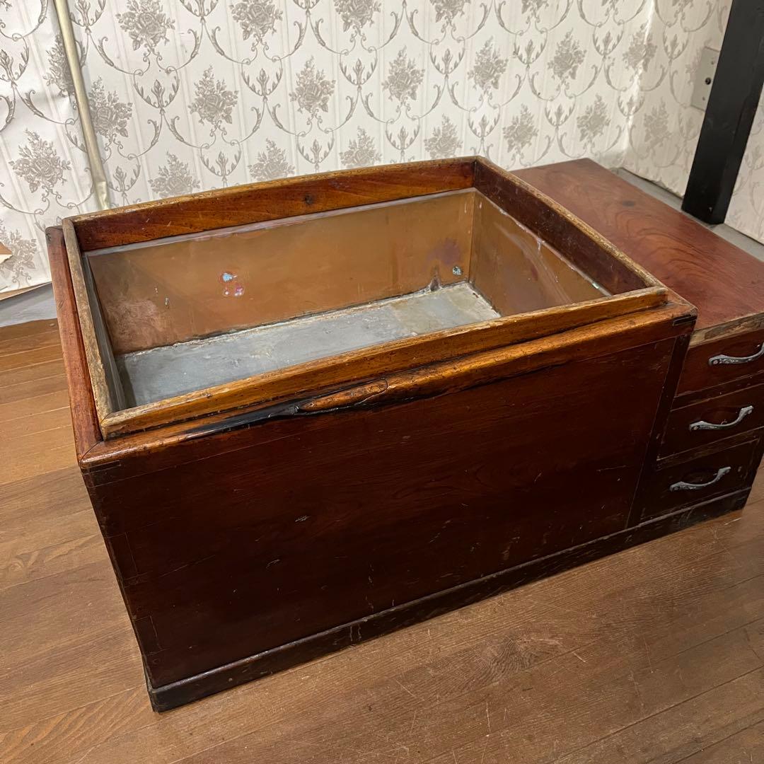 【アンティーク】木製 無垢材 火鉢 長方形 関東火鉢 銘木 引き出し収納付