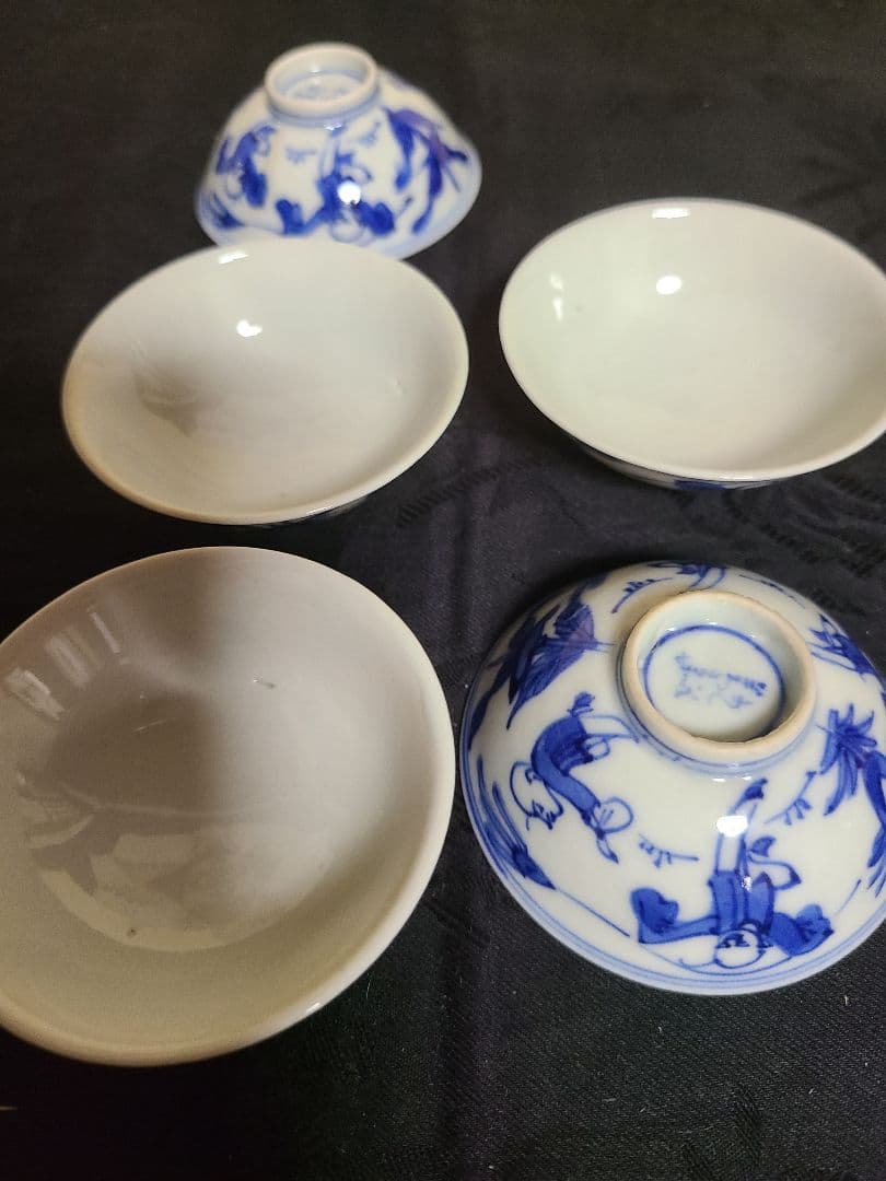 九谷焼須田菁華造染付人物盃4客 サイズ口径6.8cm高さ2.8cm