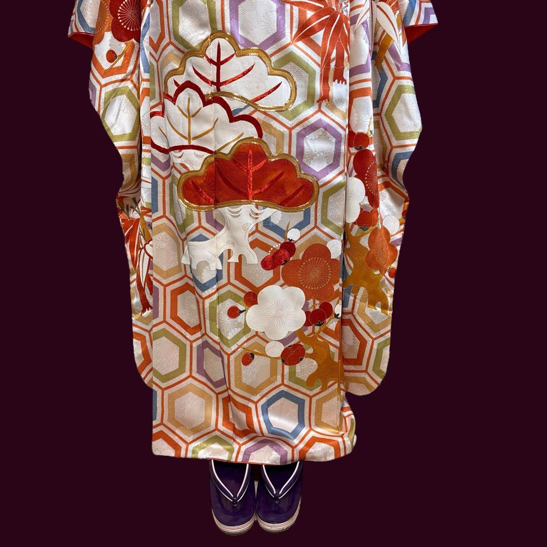 (あ866) 大正ロマン彩る亀甲文様と枝松刺繍 アンティーク振袖㊗️3点セット