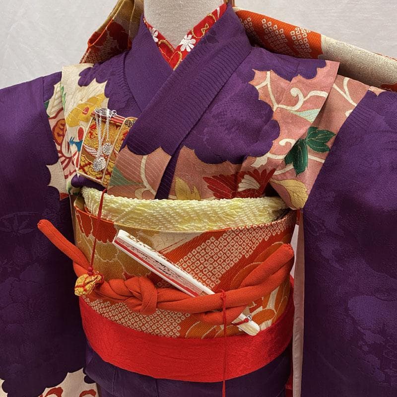 510ag46◎七五三 七歳 女児 アンティーク着物&丸帯 レトロ 鳳凰 紫◎