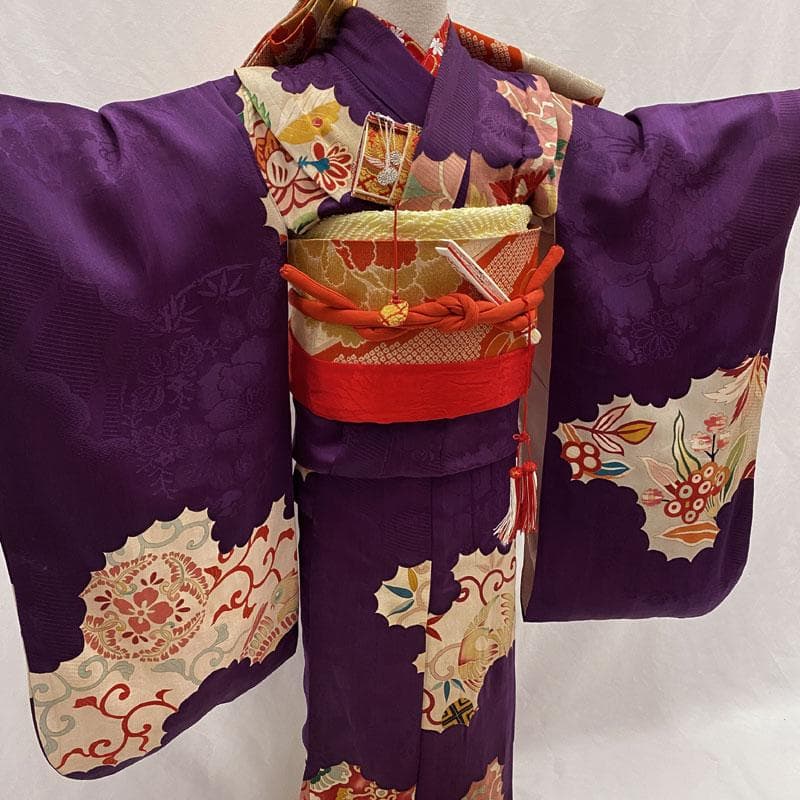 510ag46◎七五三 七歳 女児 アンティーク着物&丸帯 レトロ 鳳凰 紫◎