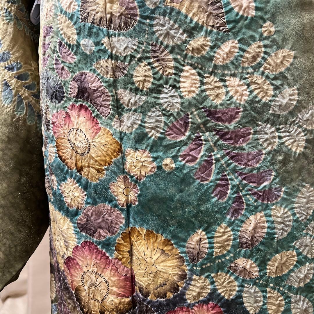 豪華 濃く深い緑からエメラルドグリーンの染め分け 辻ヶ花訪問着 作家物落款あり