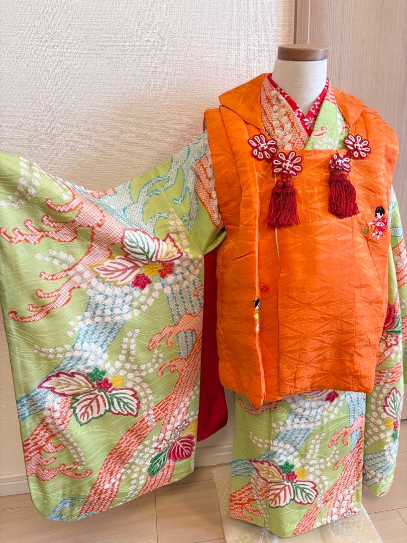 七五三 3歳 4歳 5歳 着物 被布セット 正絹 ヴィンテージ M2509152