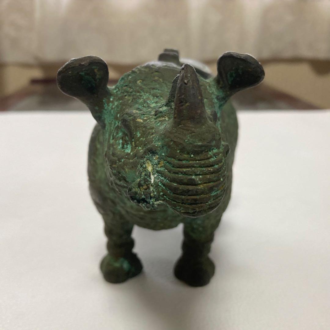 古いサイの置物 動物 銅製 オブジェ 香炉 工芸品 古美術 骨董品 レトロ