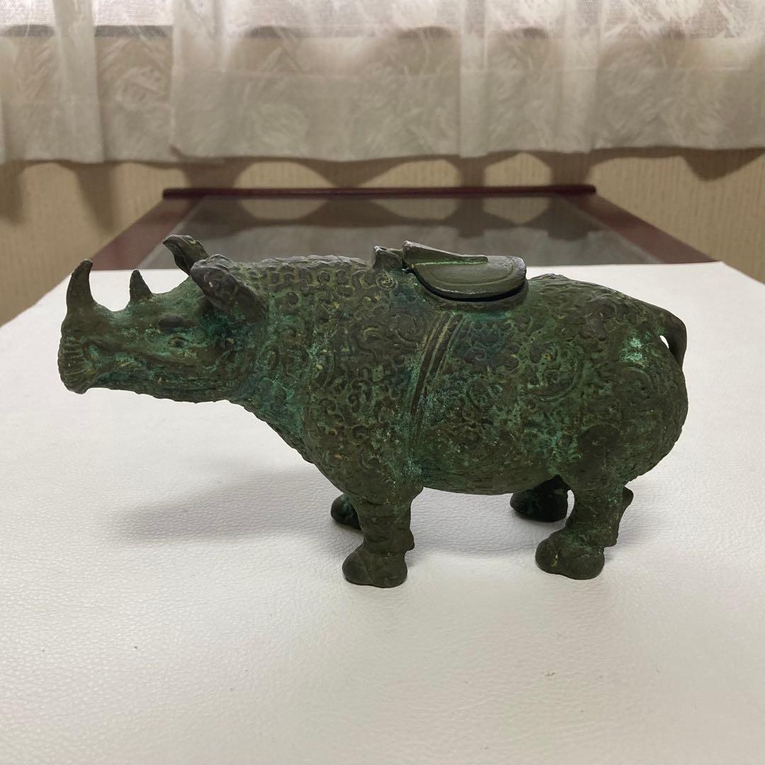 古いサイの置物 動物 銅製 オブジェ 香炉 工芸品 古美術 骨董品 レトロ