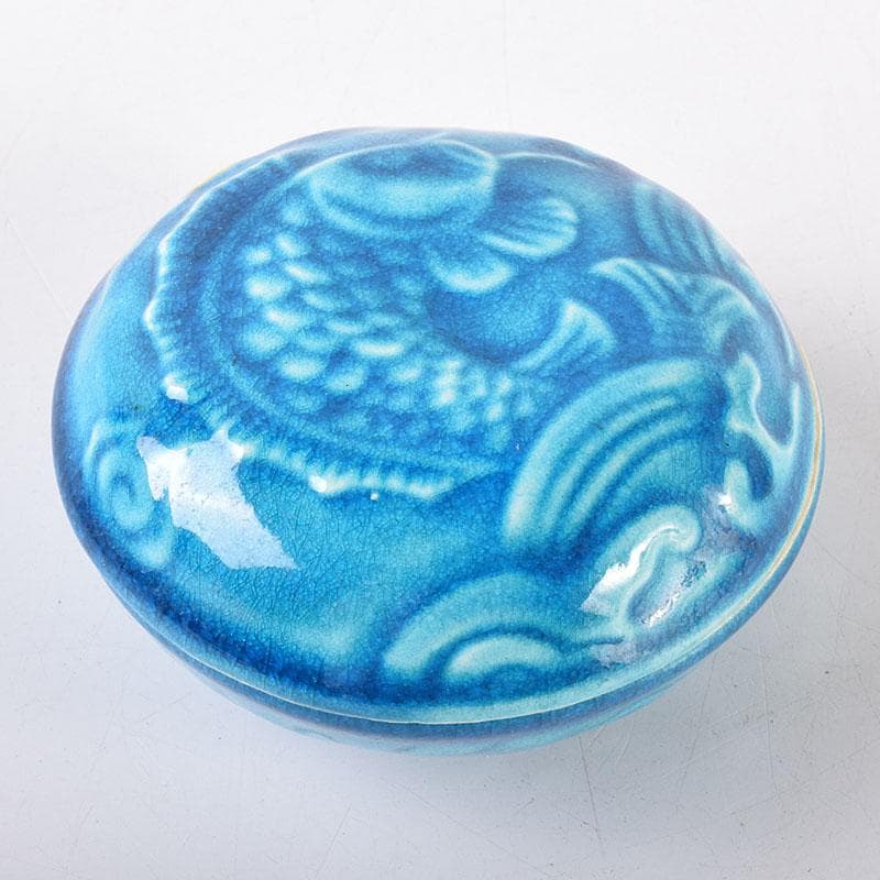 茶道具　萬古焼　加賀瑞山造　トルコ釉　荒磯魚文香合　共箱　V　7150