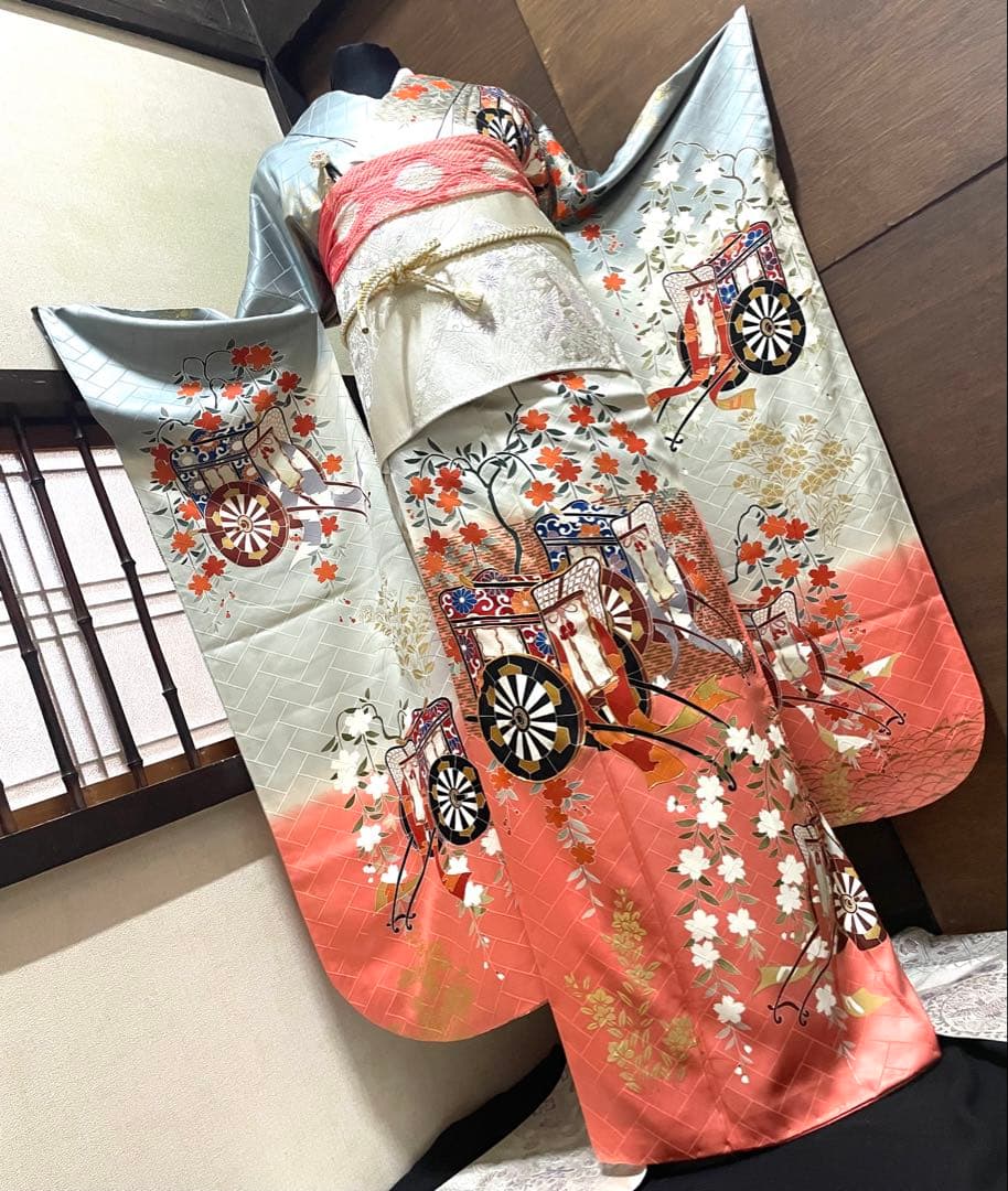 振袖フルセット6点特価　サイズM〜Ｌ　正絹　御所車　売り切り終了