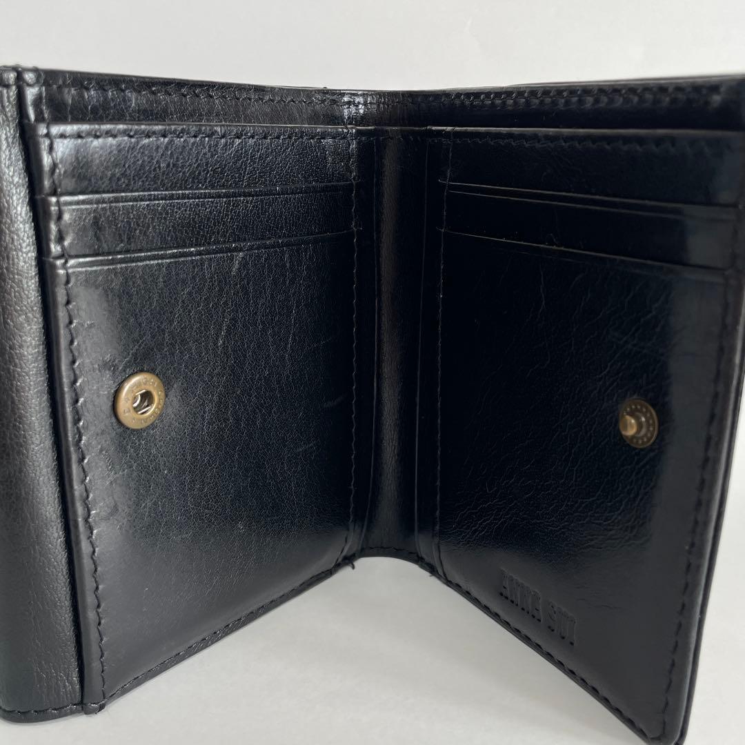 極美品 ANNA SUI 二つ折り財布 黒 レザー バタフライ 蝶 コンパクト