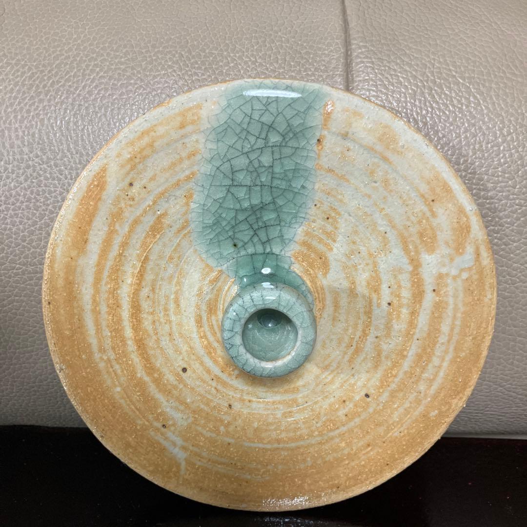 相馬焼　明月窯　馬の絵柄の青緑色水差し