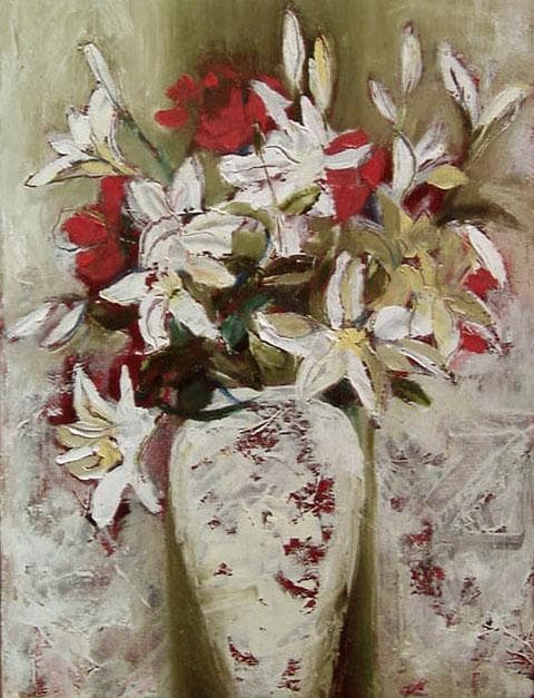 油絵 菅家令子 絵 絵画 インテリア 額付(白) uF6-112402 花 ゆり