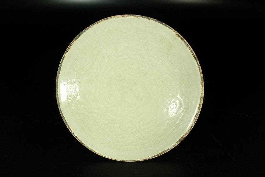 中国美術 唐物 白磁 印刻 双魚紋 碗 φ18cm 書付 仕服(K-RC959)