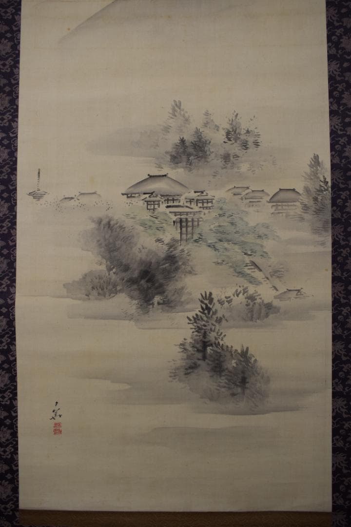 【真作】田中日華/嵐山京都風景之図/山水図/掛軸☆宝船☆Y-669　JM