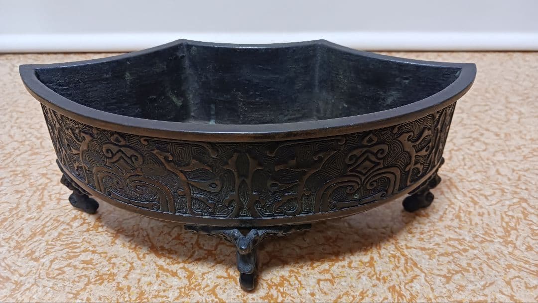 時代金工師　二代　村田整珉　木村渡雲　銅製扇面形花入　在銘　渡雲斎鋳　花器　箱付