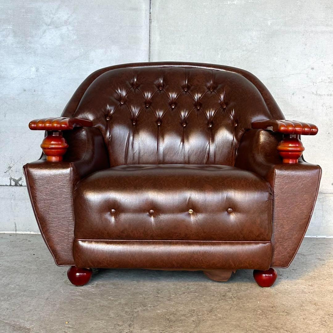 ✦70s✦チェスターフィールド調 PUレザー 1人掛けソファ　アンティーク