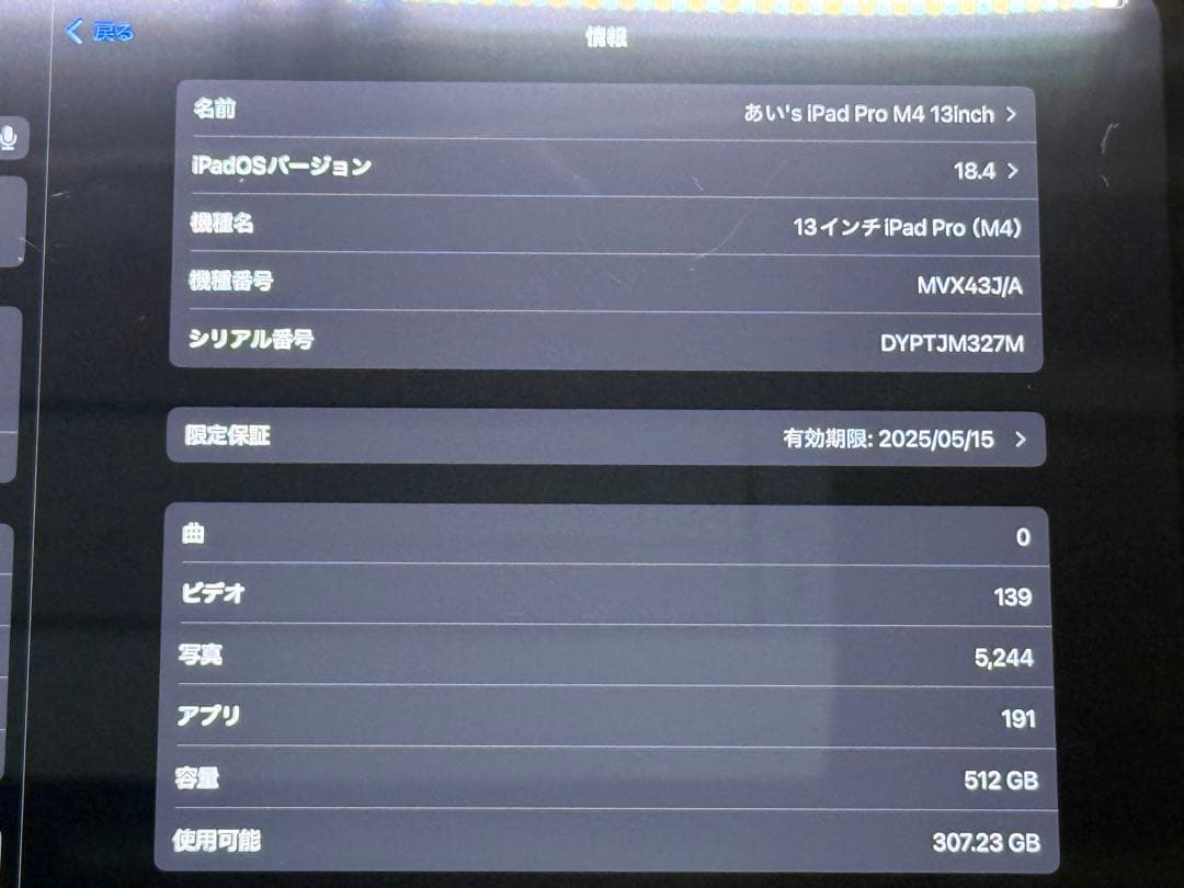 Apple M4 iPad Pro 13インチ 512GB バッテリー100%