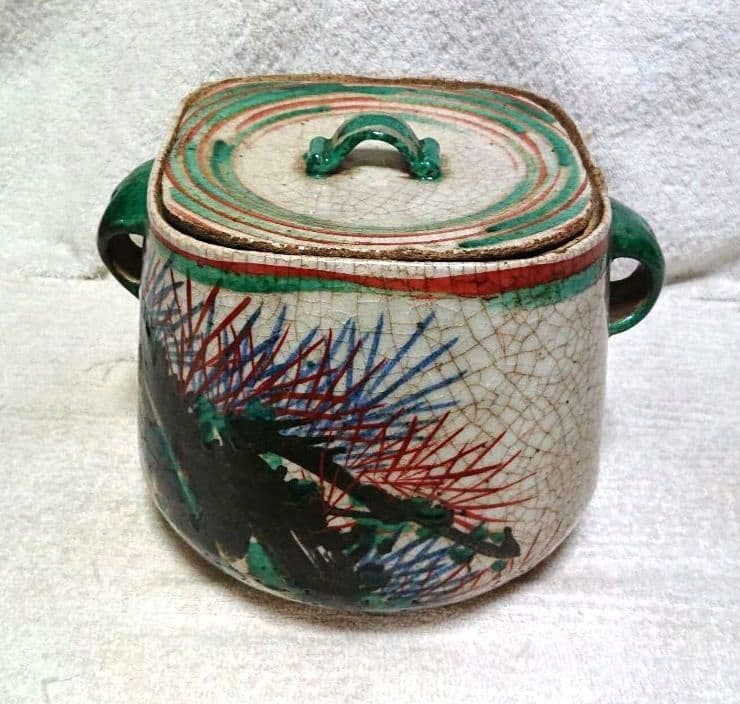 乾山写水指 手描き植物模様 木箱付きA468