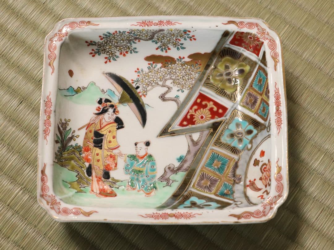 古伊万里 美人図 色絵 角皿 刺身皿 五客 人物 桜 小紋 明治期【MA424】