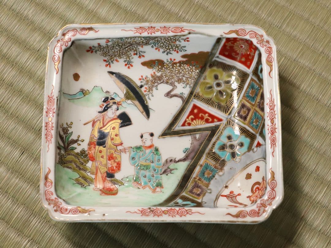 古伊万里 美人図 色絵 角皿 刺身皿 五客 人物 桜 小紋 明治期【MA424】