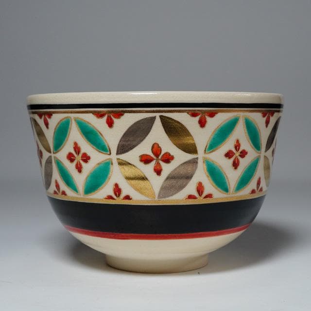 茜窯 岡田華渓　七宝絵茶碗　鵬雲斎宗匠御書付　共箱　茶道具　裏千家　色絵