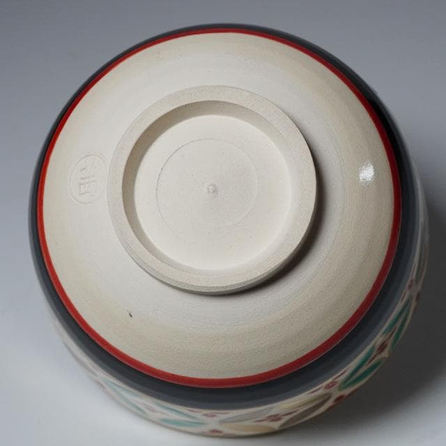 茜窯 岡田華渓　七宝絵茶碗　鵬雲斎宗匠御書付　共箱　茶道具　裏千家　色絵