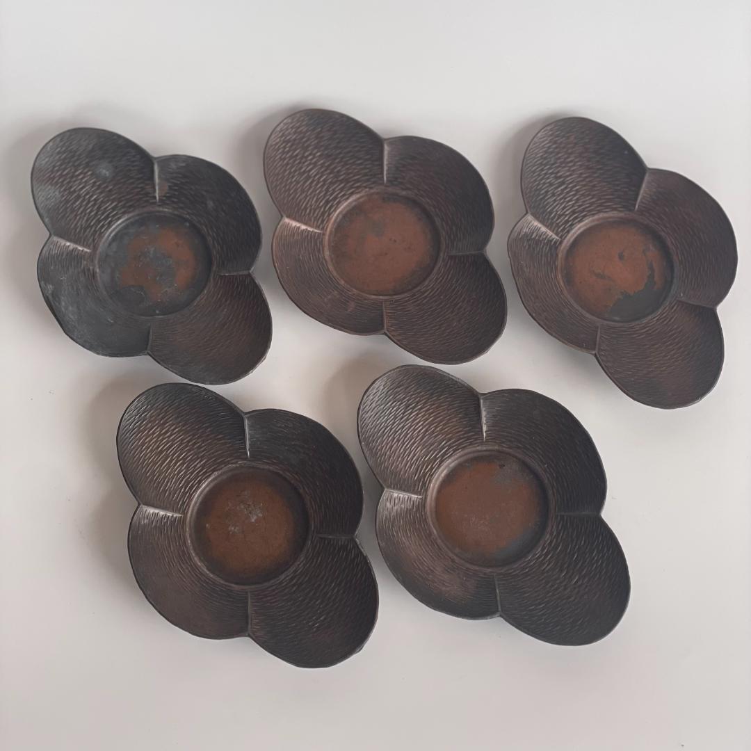 清順記号 古銅 古錫 木瓜 雲形 茶托 5客 茶卓 小皿 中国 古玩 唐物