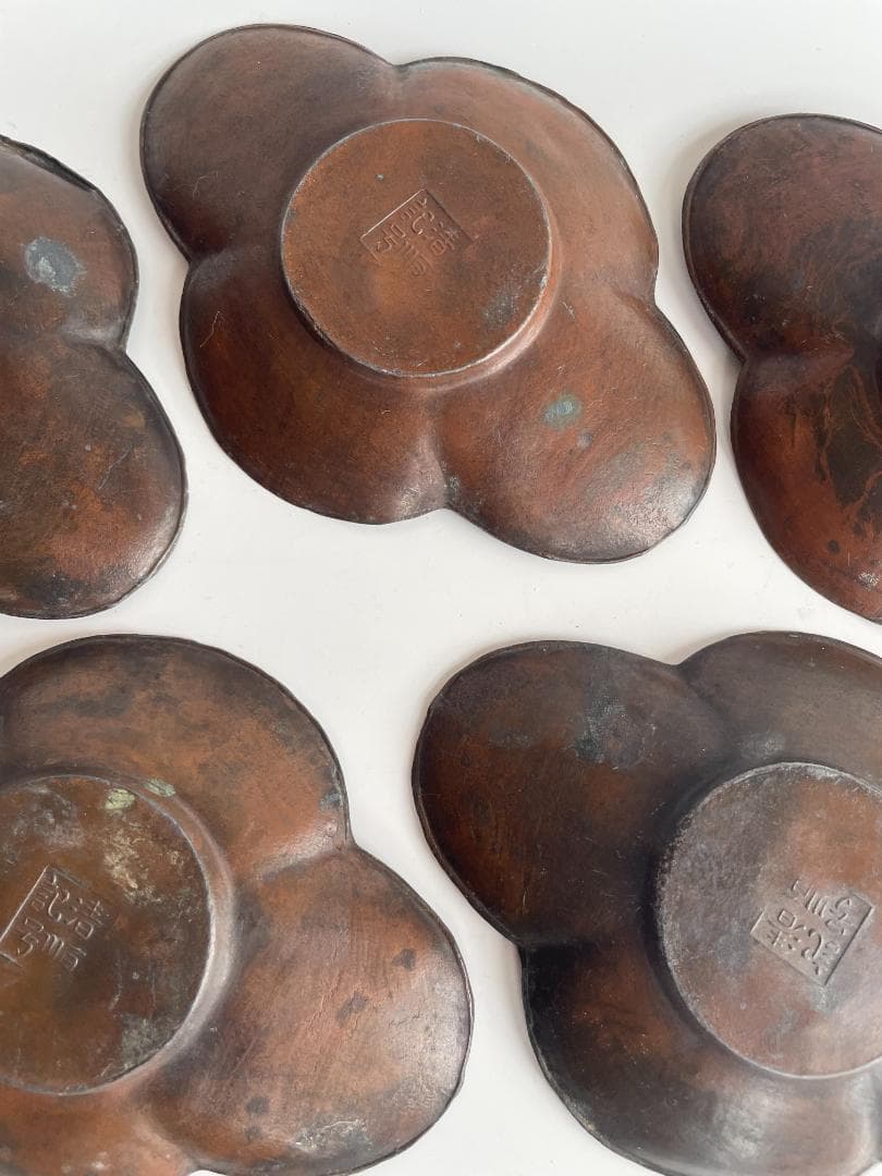 清順記号 古銅 古錫 木瓜 雲形 茶托 5客 茶卓 小皿 中国 古玩 唐物