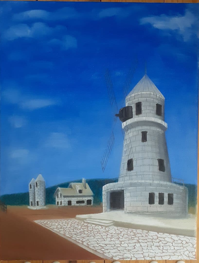 油絵　「白い風車小屋」サイズF6