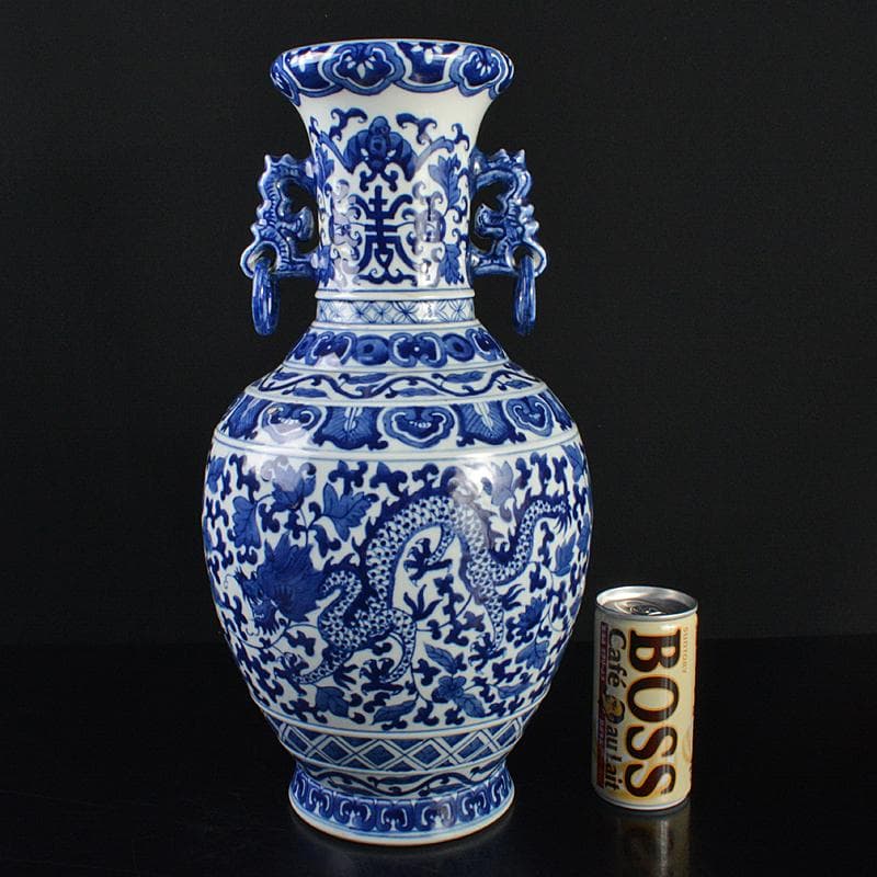 中国　大清雍正年製款　青花　唐草龍花文　遊環双耳瓶　V　R7172B