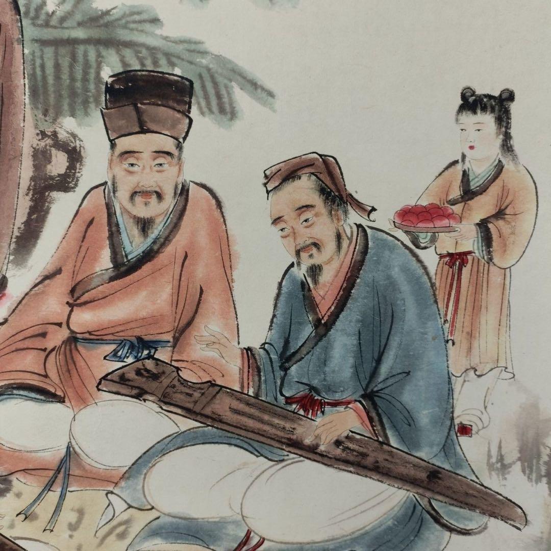 傅抱石《聚賢撫琴図》　三尺中堂掛軸　77×175cm