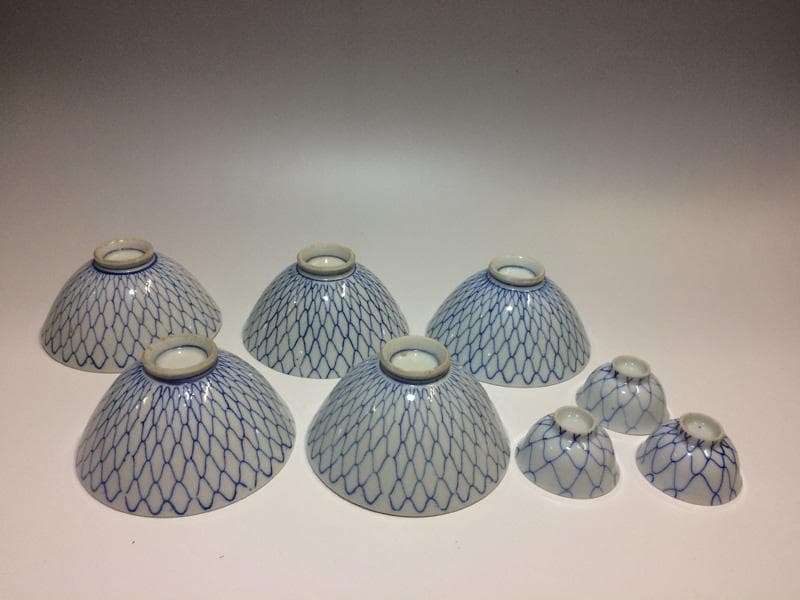 ★昭和レトロ★ レア！　印判　人気の 網目紋様　茶碗　五客　猪口三客オマケ