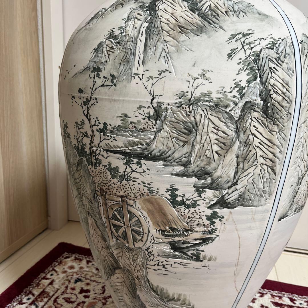四季山水画装飾の陶器花瓶　白磁韓国　MONSTER 骨董品　美術品　限定品
